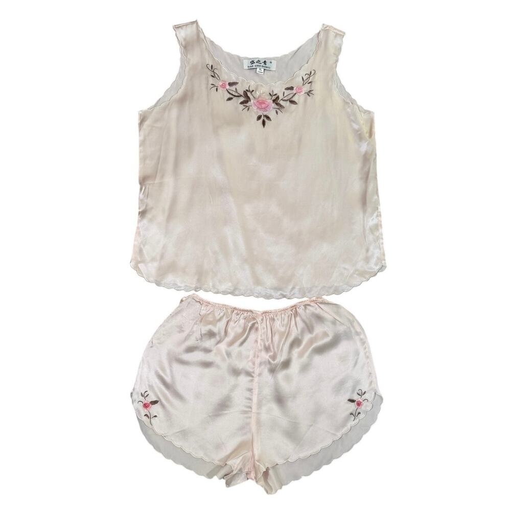 100% Mulberry Silk Pajama Set XL Floral Embroidered Cami Tap Shorts lingerie